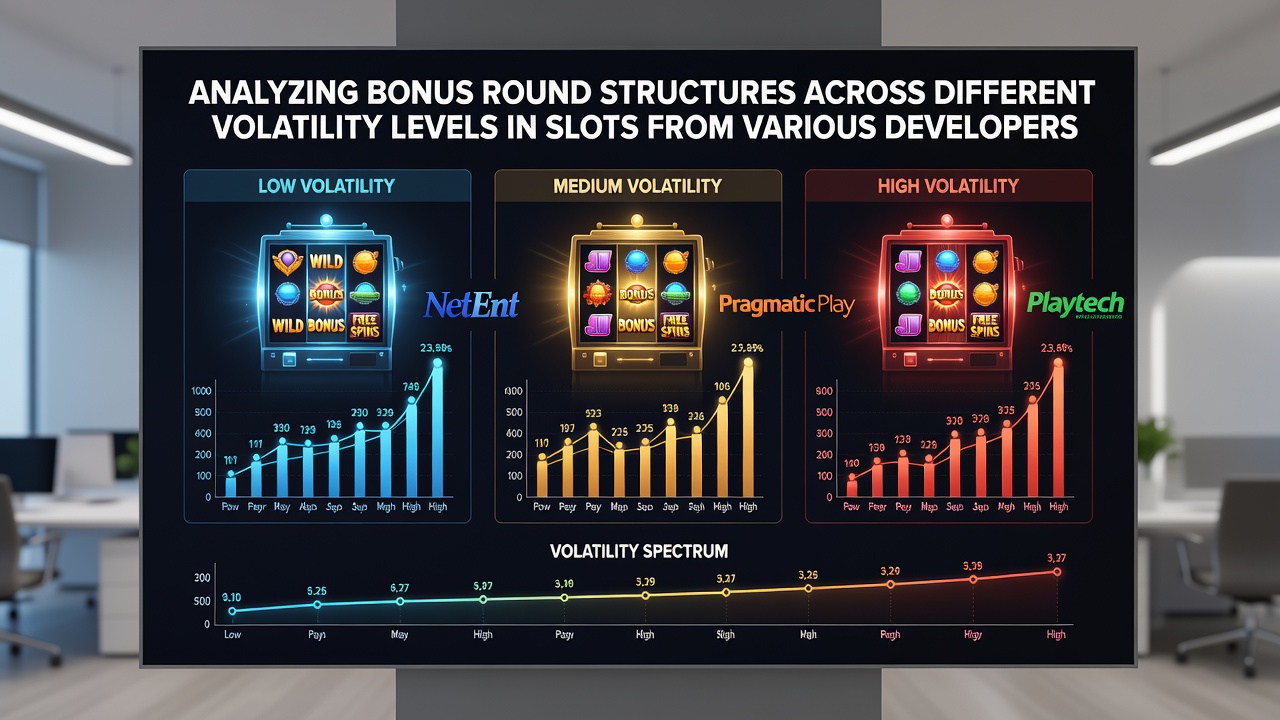 Comparison chart of bonus round payout distributions across low, medium, and high volatility slot games