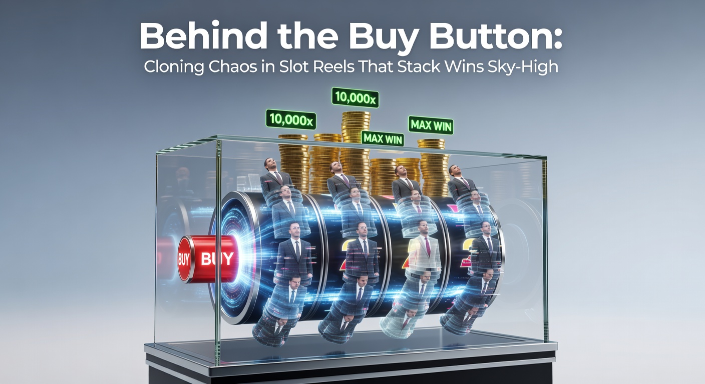 Vibrant slot reels showing cloning symbols multiplying across screens, stacking massive win lines in a bonus buy feature