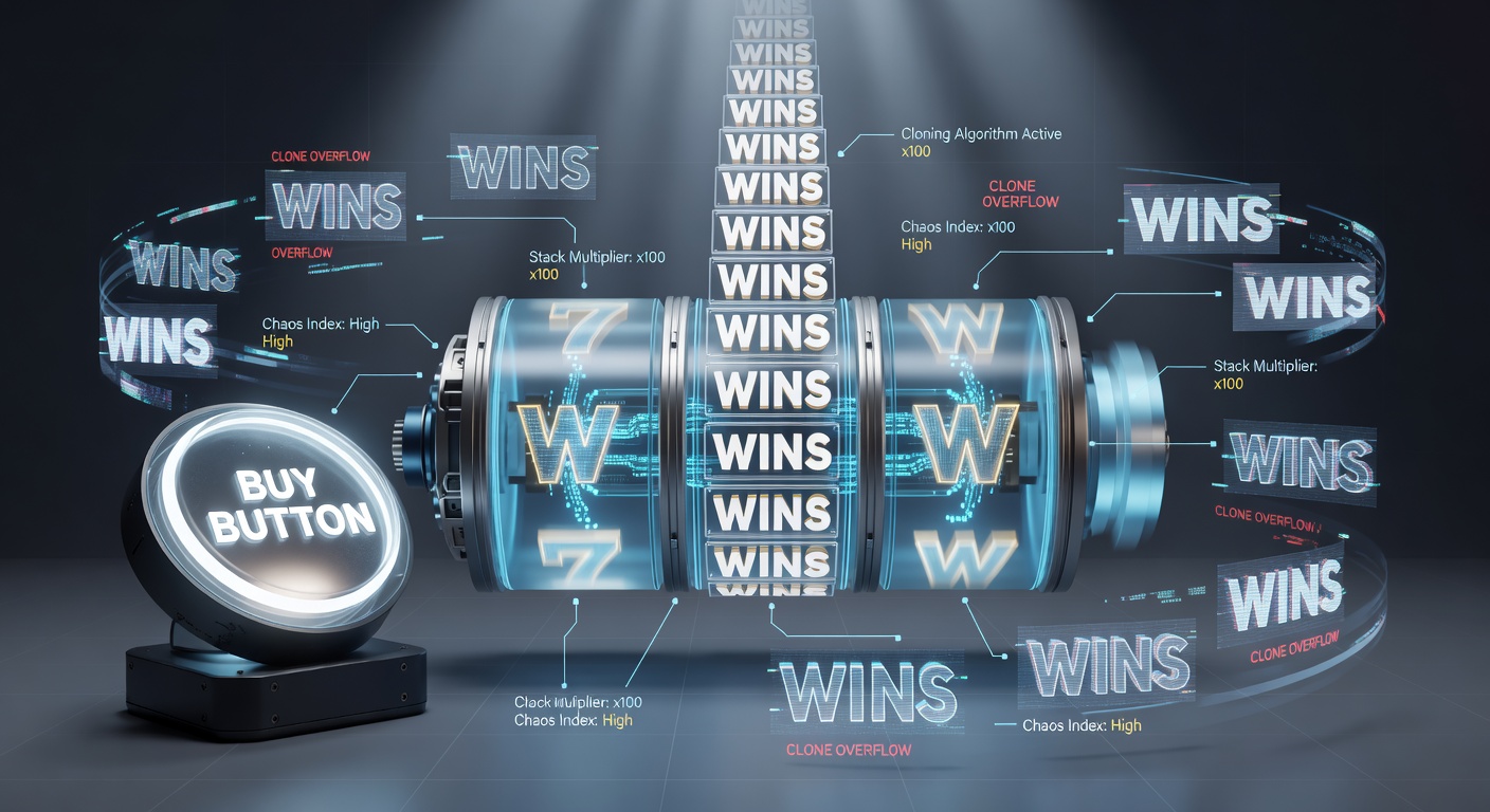 Close-up of slot interface with buy button activated, reels cloning symbols into towering stacks that trigger massive multipliers and payouts