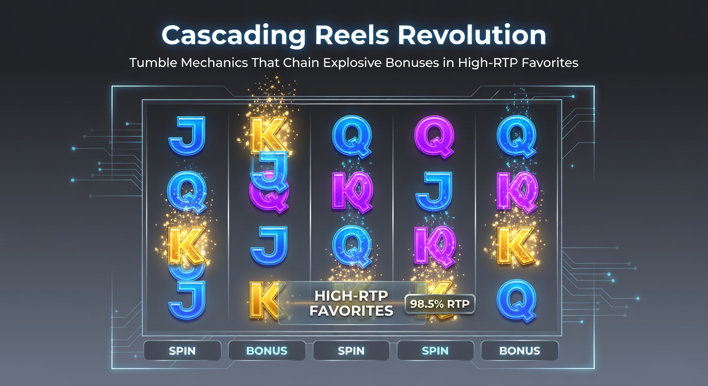 Close-up of tumbling symbols exploding on screen, revealing multipliers and bonus icons in a dynamic slot cascade
