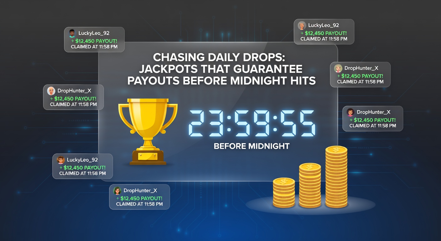 Close-up of a mobile slot interface displaying multiple daily drop jackpots with timers and escalating prize amounts