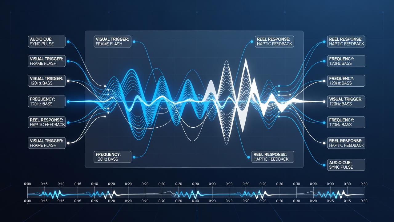 Close-up of reel symbols with overlaid audio waveform visualization during a triggered feature
