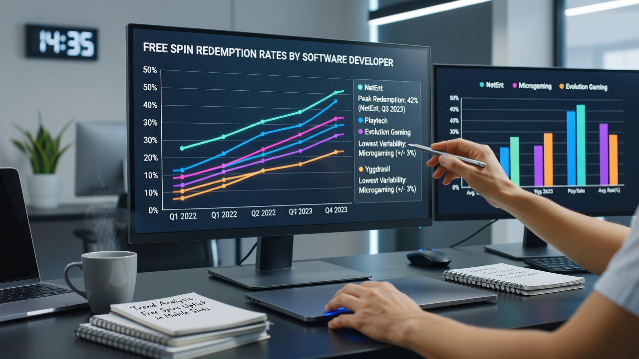 Charts displaying free spin redemption rates across multiple casino software providers in 2025 and 2026