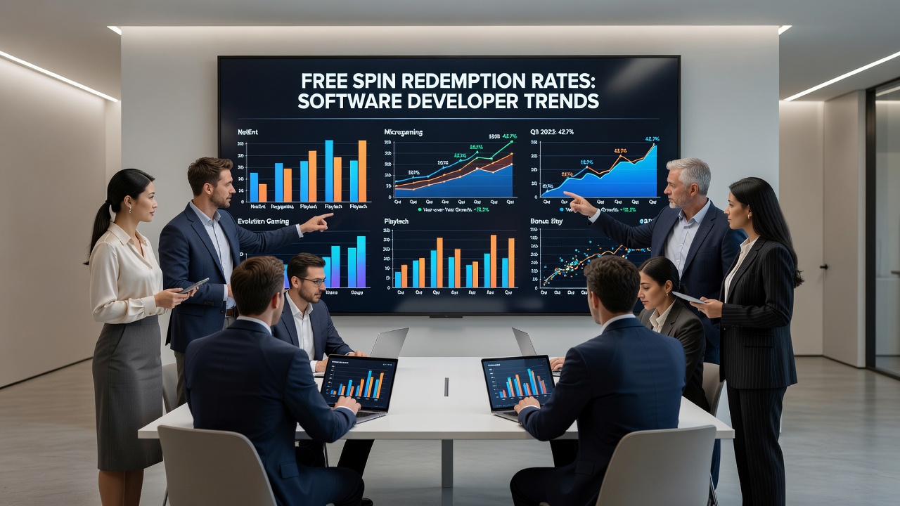 Infographic comparing redemption statistics for free spins from leading casino software developers