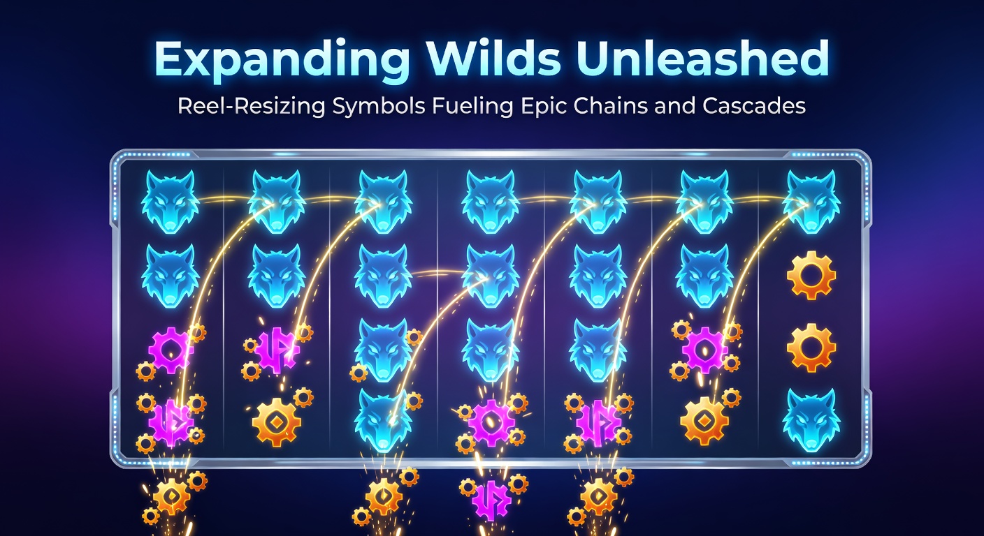 Close-up of cascading reels with expanding wilds resizing the grid and stacking multipliers during a bonus chain