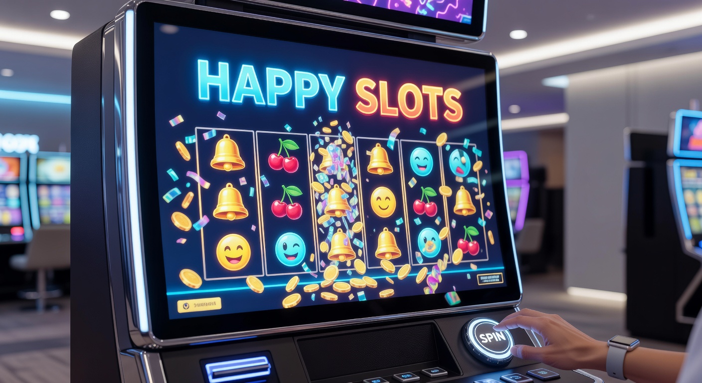 Colorful Happy Slots reels spinning with smiling fruits, lucky sevens, and bonus symbols lighting up the screen