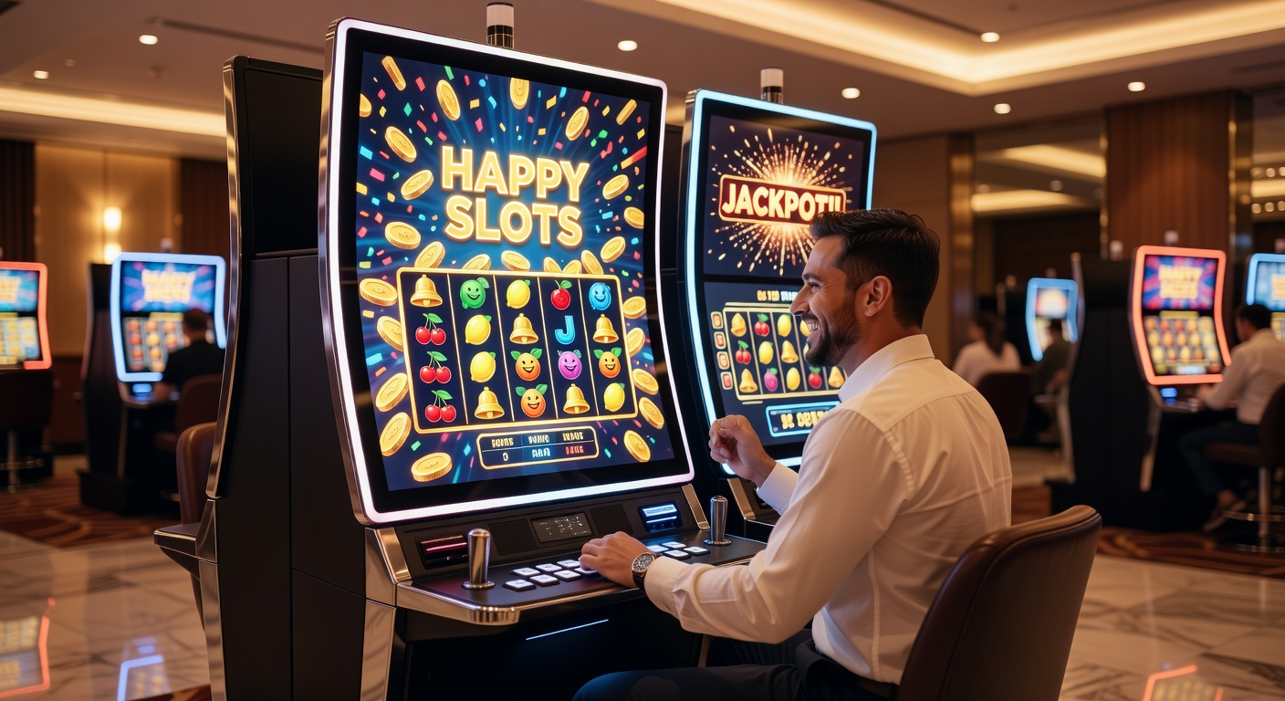 Exciting Happy Slots bonus round with expanding wilds and jackpot meter filling up amid festive graphics