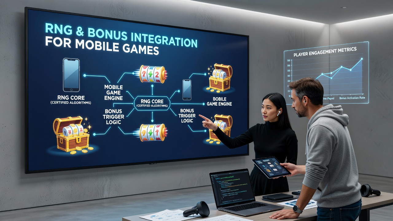 Mobile game developers reviewing RNG algorithms alongside bonus feature designs on tablet screens