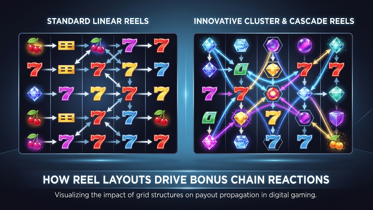 Illustration of cascading reels in action with expanding wild symbols triggering successive bonus multipliers across variable grid sizes