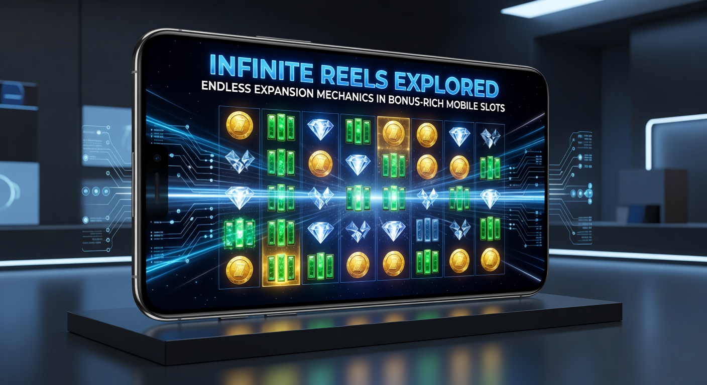 Close-up of an infinite reel slot in action on a mobile screen, with reels stretching endlessly upward amid exploding wilds and rising multiplier meters