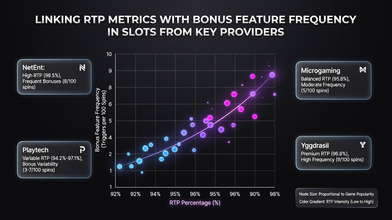 Side-by-side comparison charts displaying RTP values and bonus hit frequencies across NetEnt, Play'n GO, and Pragmatic Play slot libraries