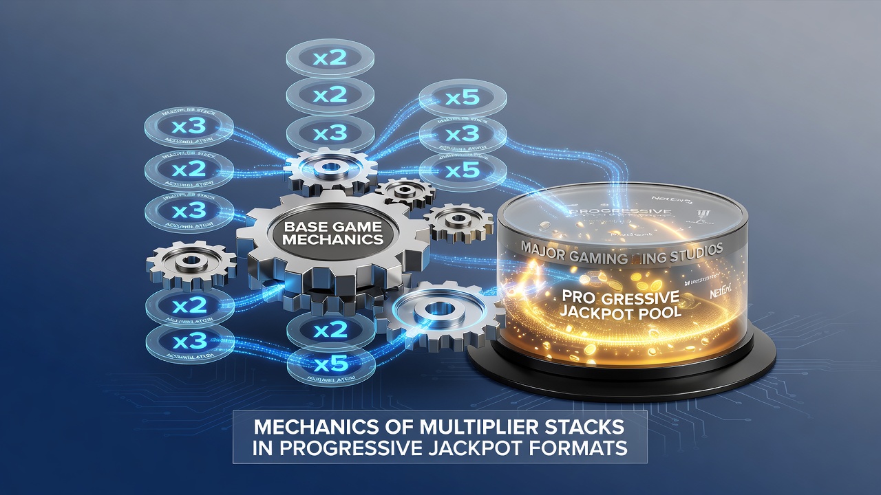 Illustration showing multiplier stack progression across multiple reel positions in a progressive jackpot slot interface