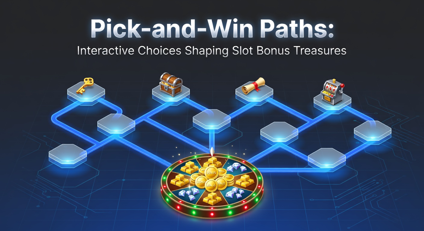 Vibrant slot screen showing pick-and-win bonus path with glowing treasure options branching across reels