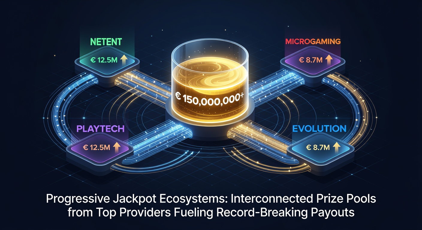 Vibrant digital display of interconnected progressive jackpot networks lighting up casino screens with escalating prize pools from leading providers
