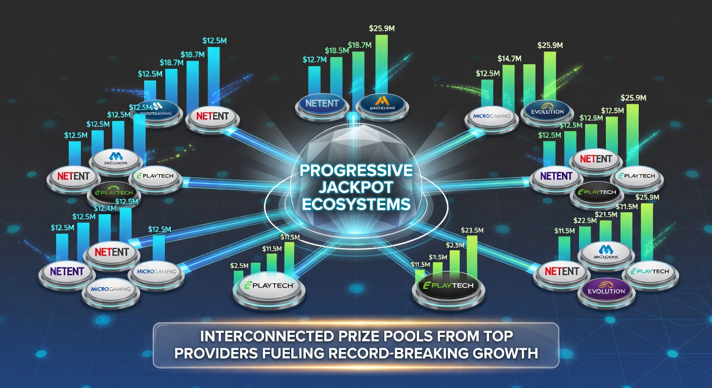 Explosive chart illustrating jackpot pool growth across interconnected networks, highlighting record payouts from Microgaming and NetEnt ecosystems