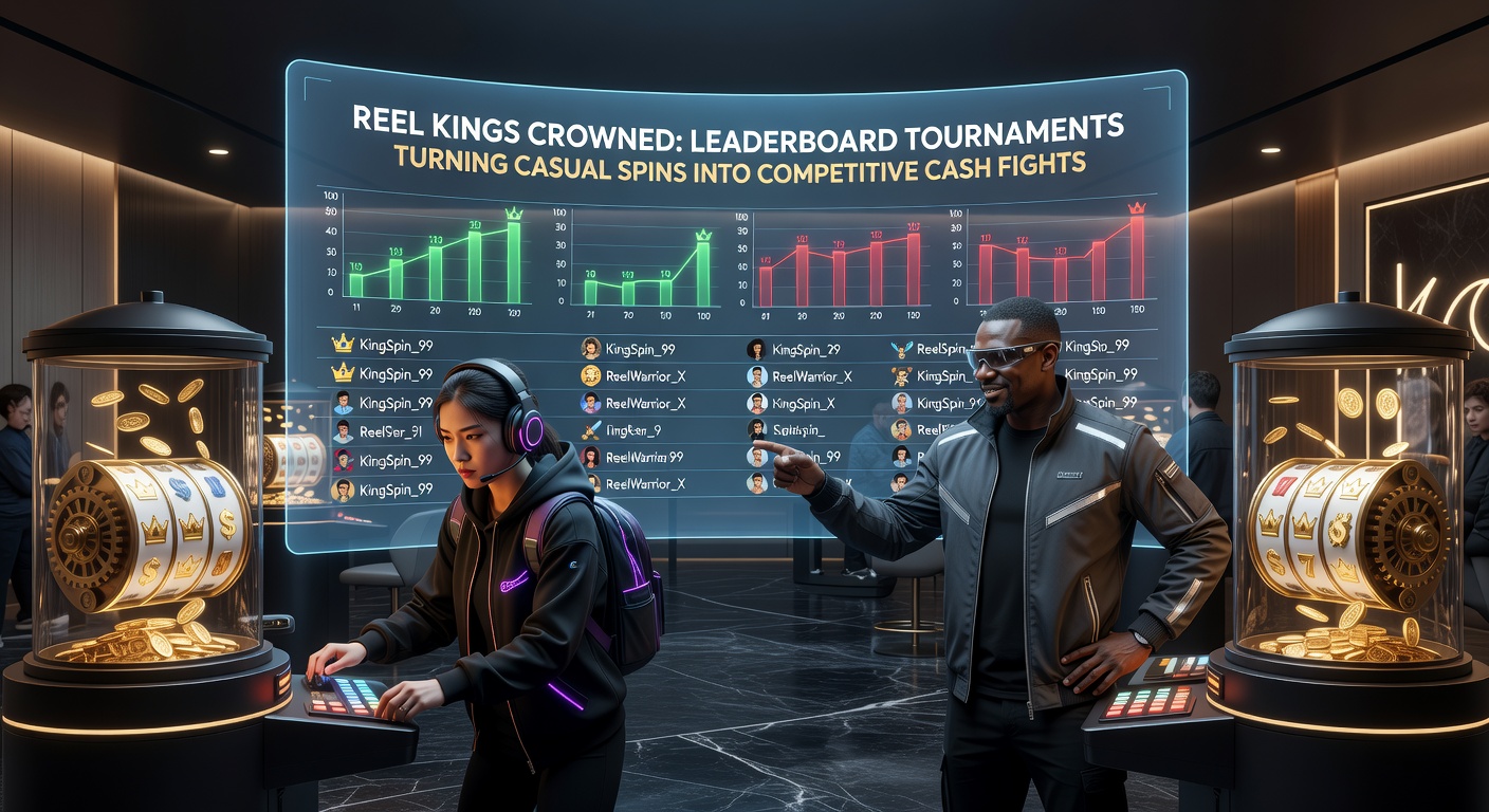 Vibrant leaderboard display showing top players battling for cash prizes in a slot tournament, with spinning reels and rising rankings in the background