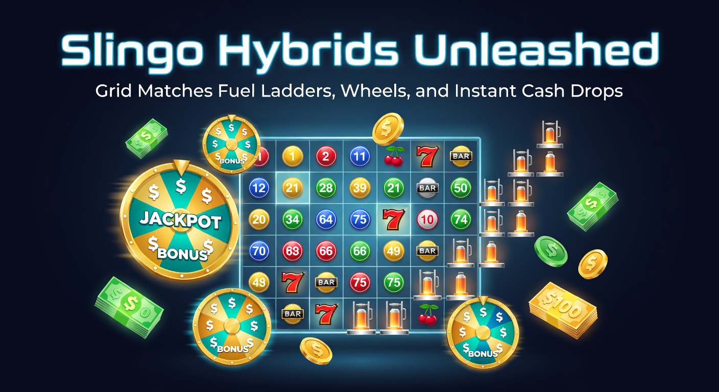 Vibrant Slingo hybrid game screen showing a 5x5 grid with matching numbers highlighted, ladders climbing on the side, and a bonus wheel ready to spin