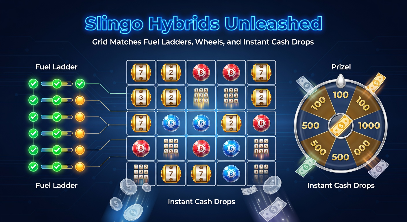 Close-up of a Slingo hybrid bonus wheel in motion, with grid matches visible in the background and cash drop animations exploding on screen