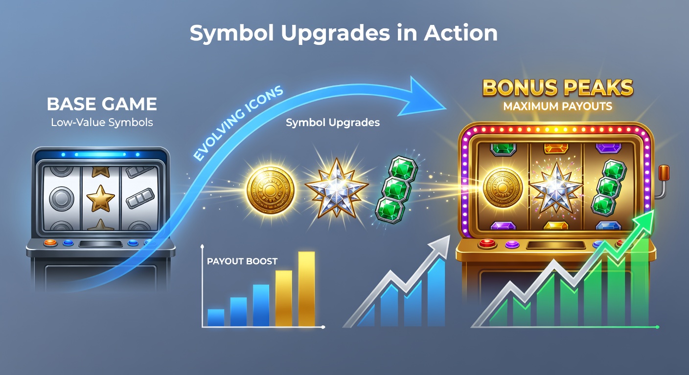 Dynamic slot screen showing symbols transforming from low-value fruits to high-value gems during a bonus round, with payout multipliers glowing brightly