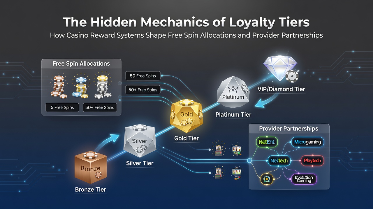Casino loyalty program interface showing tier progression and free spin rewards