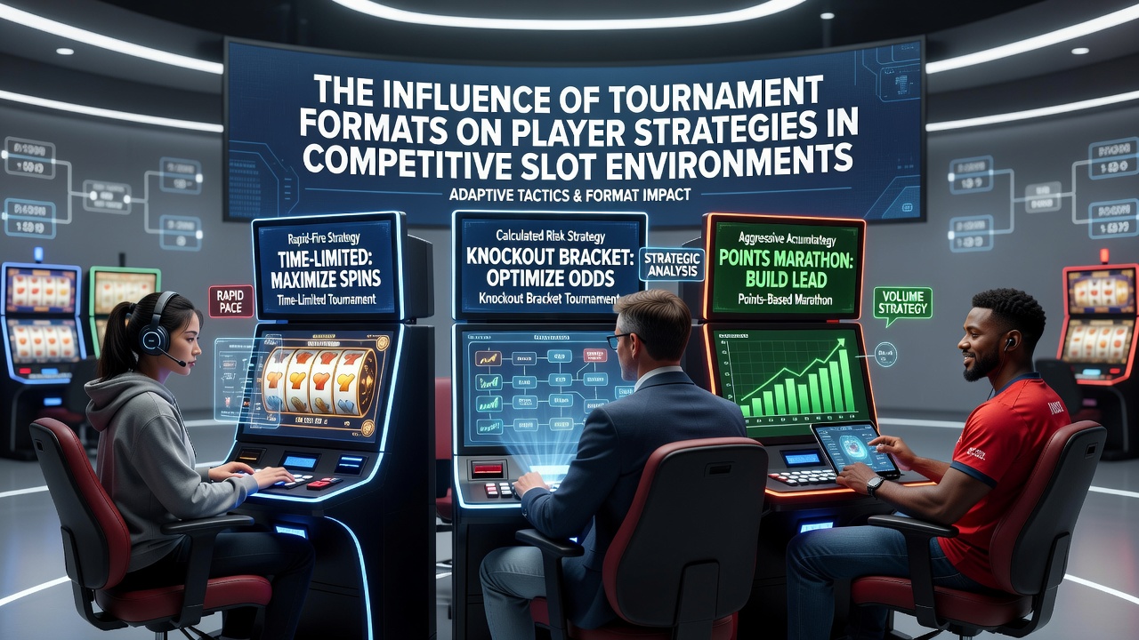 Players gathered around slot machines during a competitive tournament event with digital leaderboards displaying real-time rankings