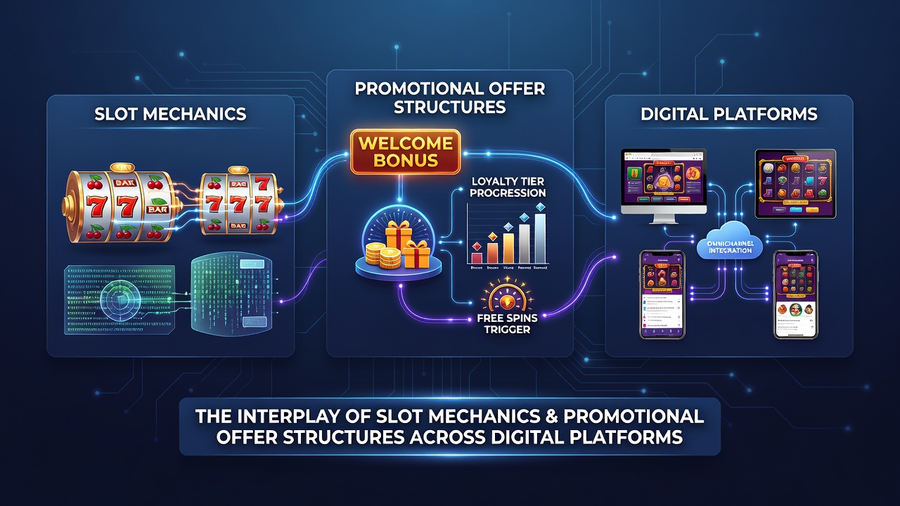 Promotional offer dashboard displaying bonus structures linked to slot volatility settings and reel feature indicators