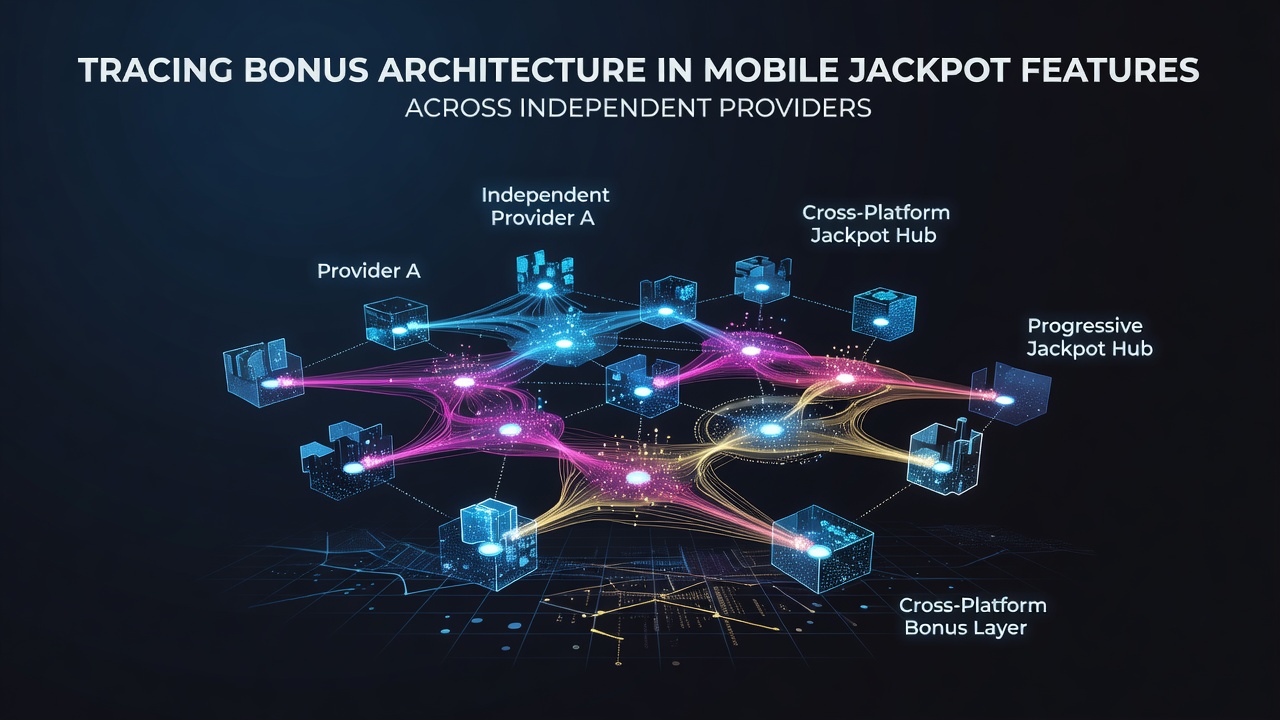 Illustration of mobile slot interface showing layered bonus triggers and jackpot meters across independent provider designs