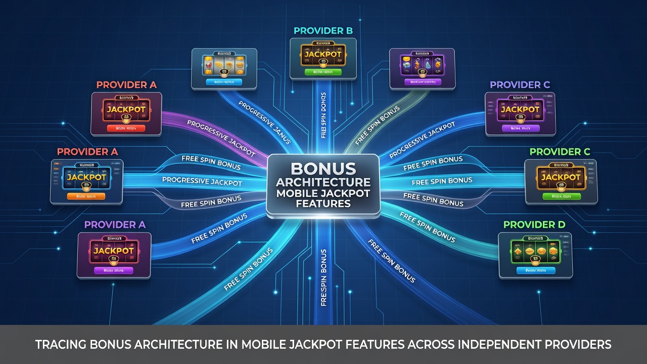 Diagram comparing bonus round flows in mobile jackpot slots from different independent providers