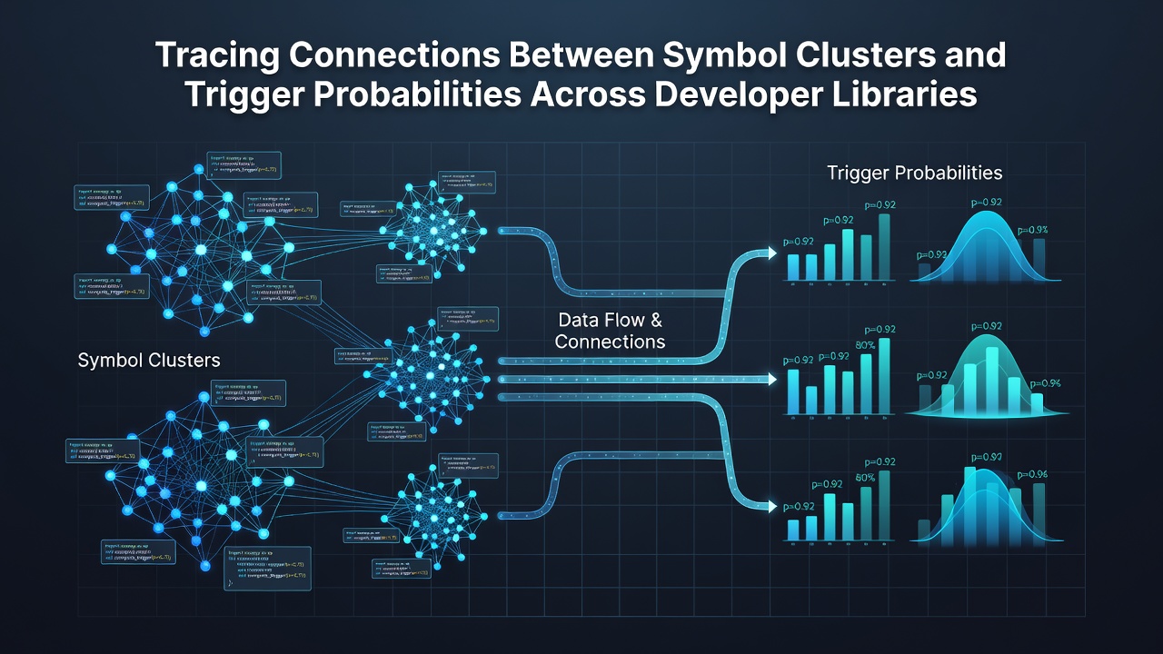 Diagram showing symbol cluster formations and probability pathways across multiple developer libraries