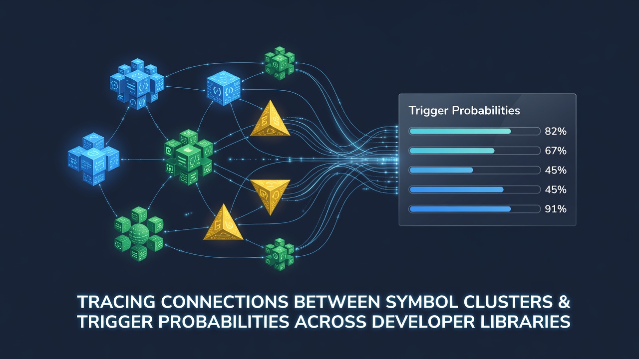 Visualization of probability heatmaps linking symbol clusters to event triggers in several programming libraries