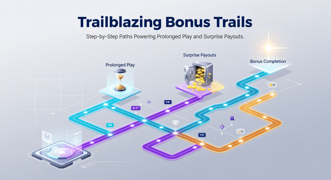Dynamic screenshot of a bonus trail mechanic in action, with glowing steps advancing toward jackpot prizes and multipliers in a vibrant slot game interface